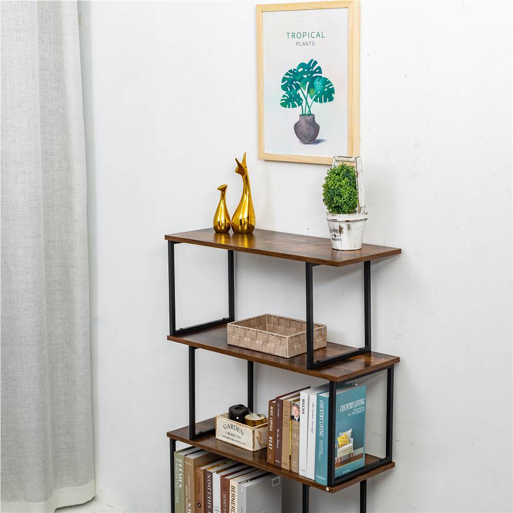 Bookcase and Bookshelf 3 Tier Display Shelf, S-Shaped Z-Shelf Bookshelves, Freestanding Multifunctional Decorative Storage Shelving for Home Office, Vintage Brown Industrial Style