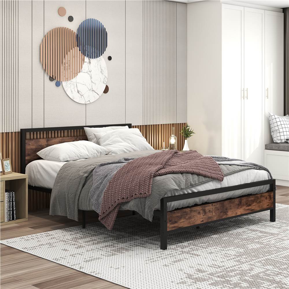 Queen Size Platform Bed Frame with Wood Headboard and Footboard, Heavy Duty Metal Slat, Easy Assembly/Non-Slip Noise Free,Frame Rustic Brown