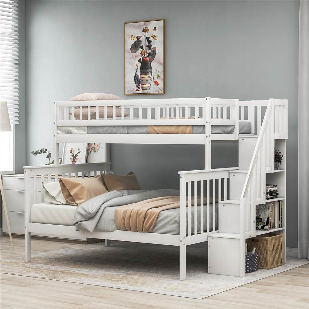 Twin over Full Stairway Bunk Bed with storage, white