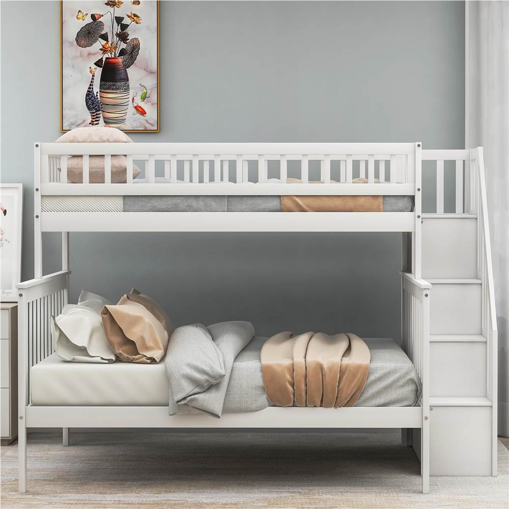 Twin over Full Stairway Bunk Bed with storage, white