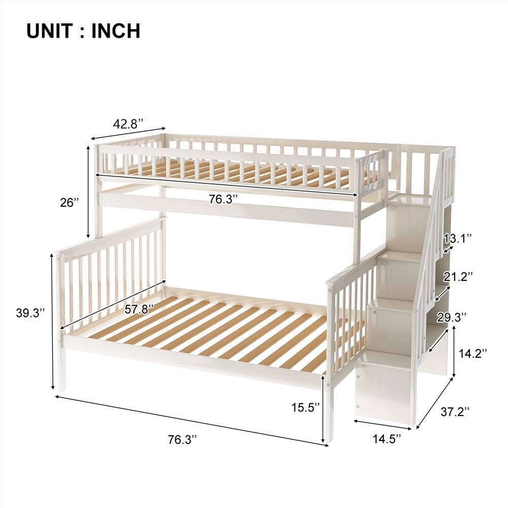 Twin over Full Stairway Bunk Bed with storage, white