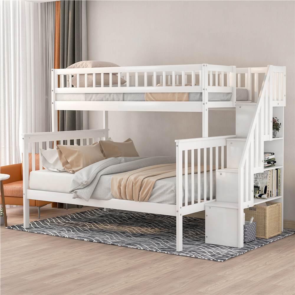 Twin over Full Stairway Bunk Bed with storage, white