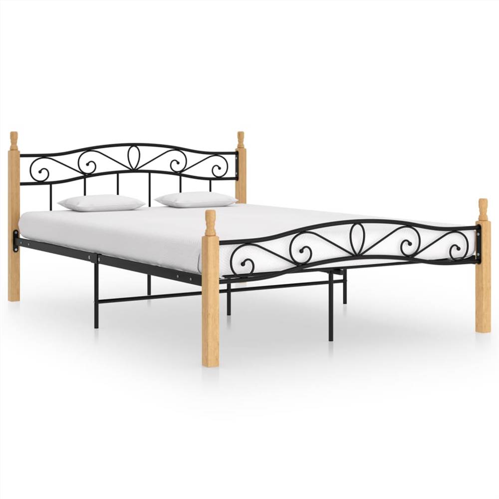 

Bed Frame Black Metal and Solid Oak Wood 160x200 cm