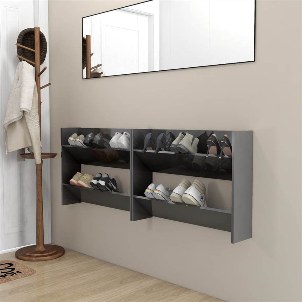 Wall Shoe Cabinets 2 pcs High Gloss Grey 80x18x60 cm Chipboard