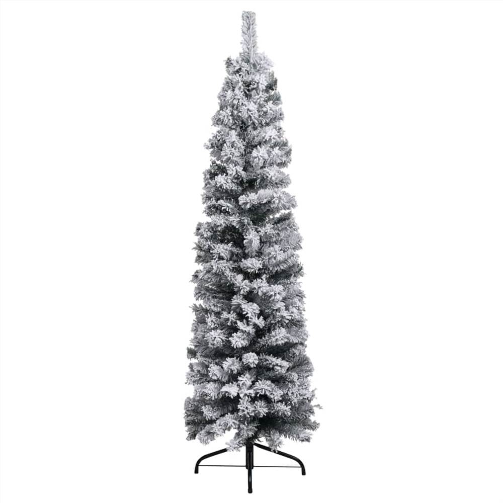 Slim Christmas Tree with LEDs&Flocked Snow Green 210 cm PVC