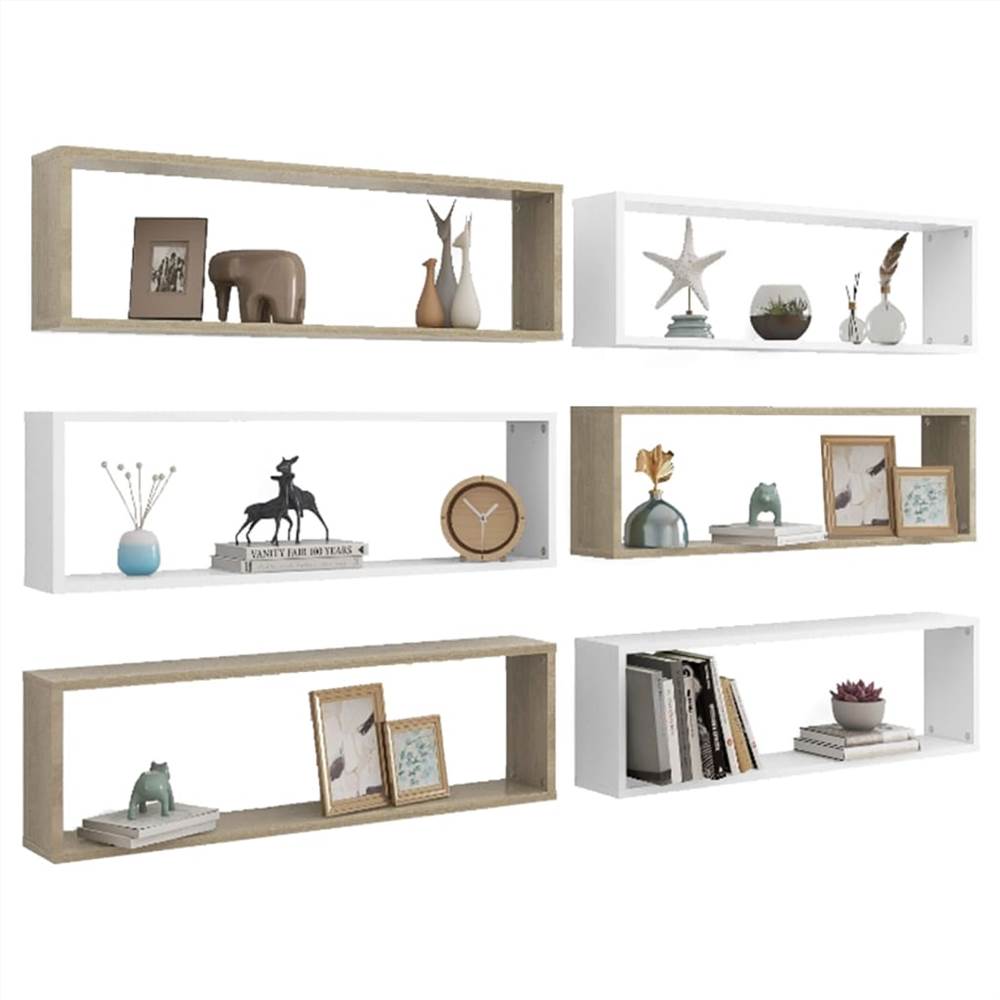 Wall Cube Shelves 6 pcs White&Sonoma Oak 100x15x30 cm Chipboard