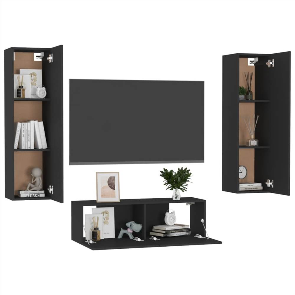 3 Piece TV Cabinet Set Black Chipboard 14 3 Piece TV Cabinet Set Black Chipboard