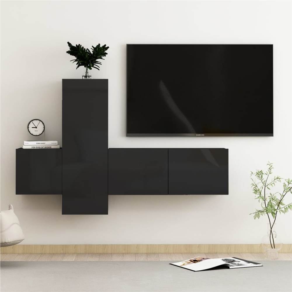 

3 Piece TV Cabinet Set High Gloss Black Chipboard