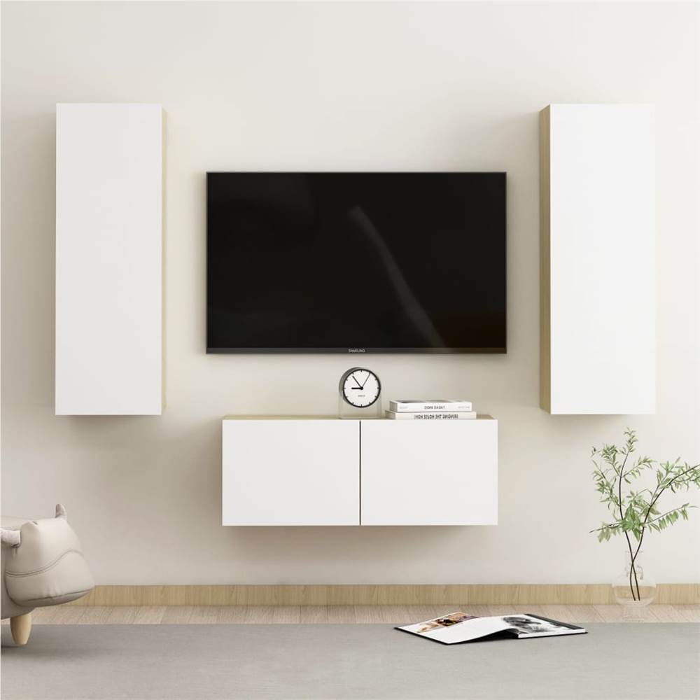 

3 Piece TV Cabinet Set White and Sonoma Oak Chipboard