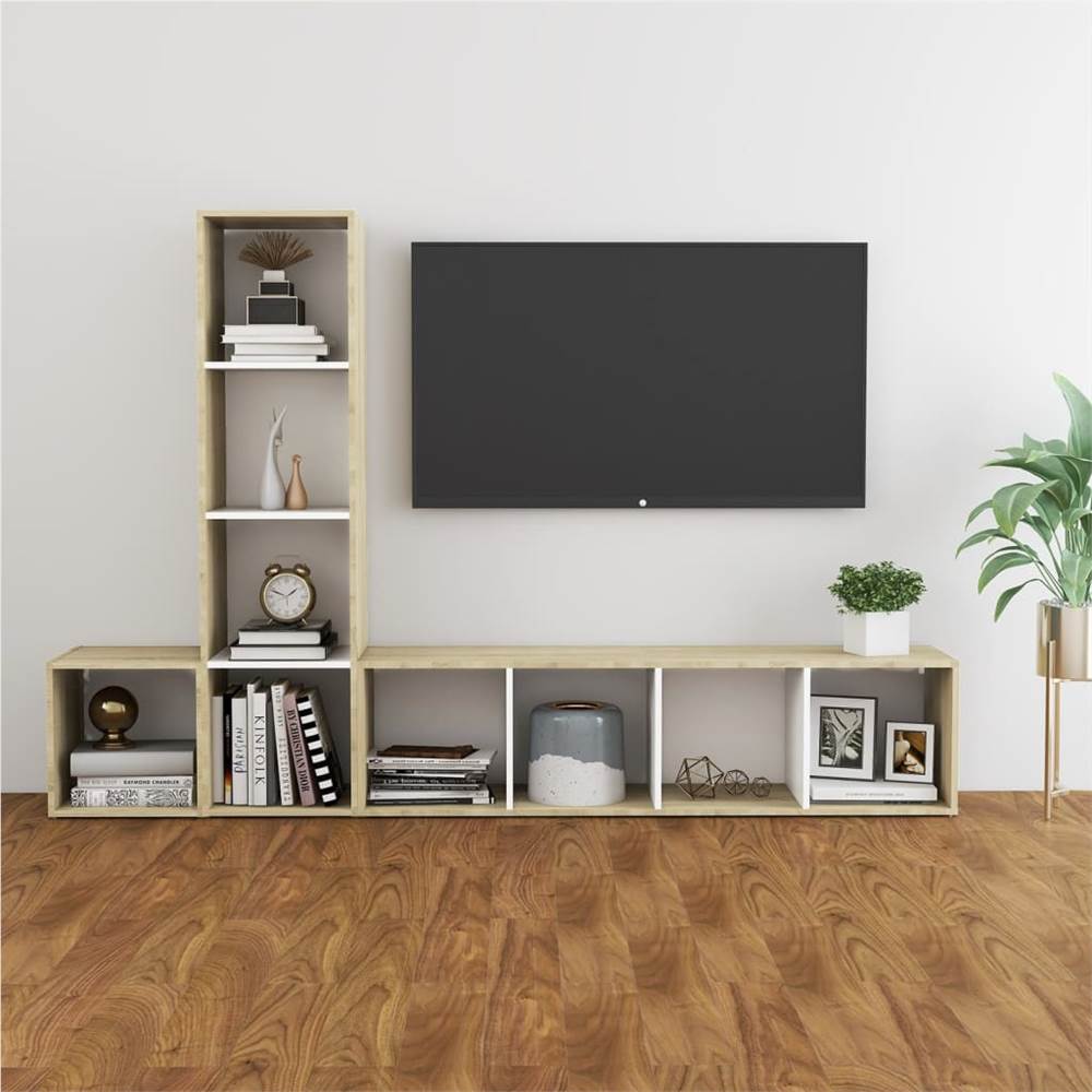 

3 Piece TV Cabinet Set White and Sonoma Oak Chipboard