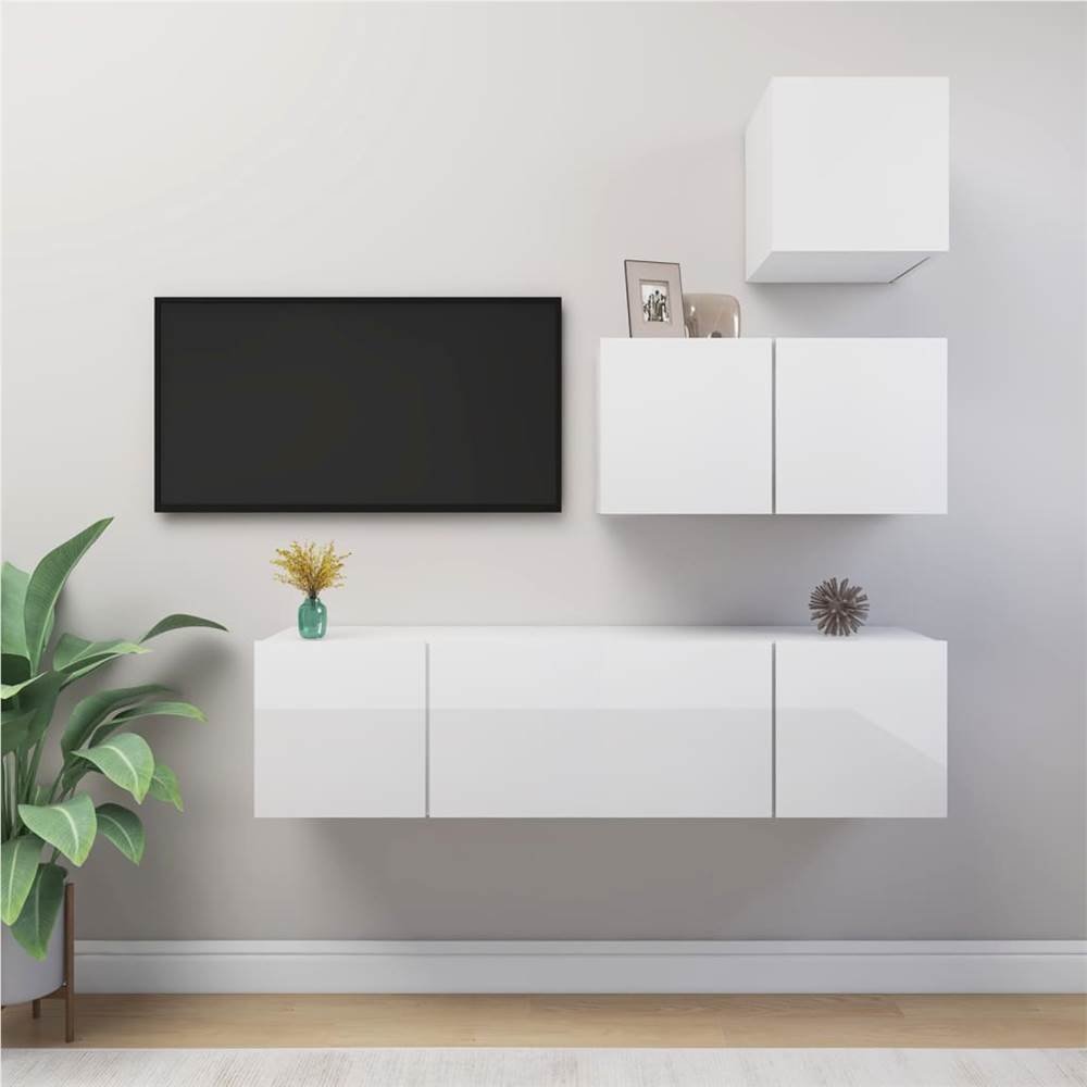 

4 Piece TV Cabinet Set High Gloss White Chipboard