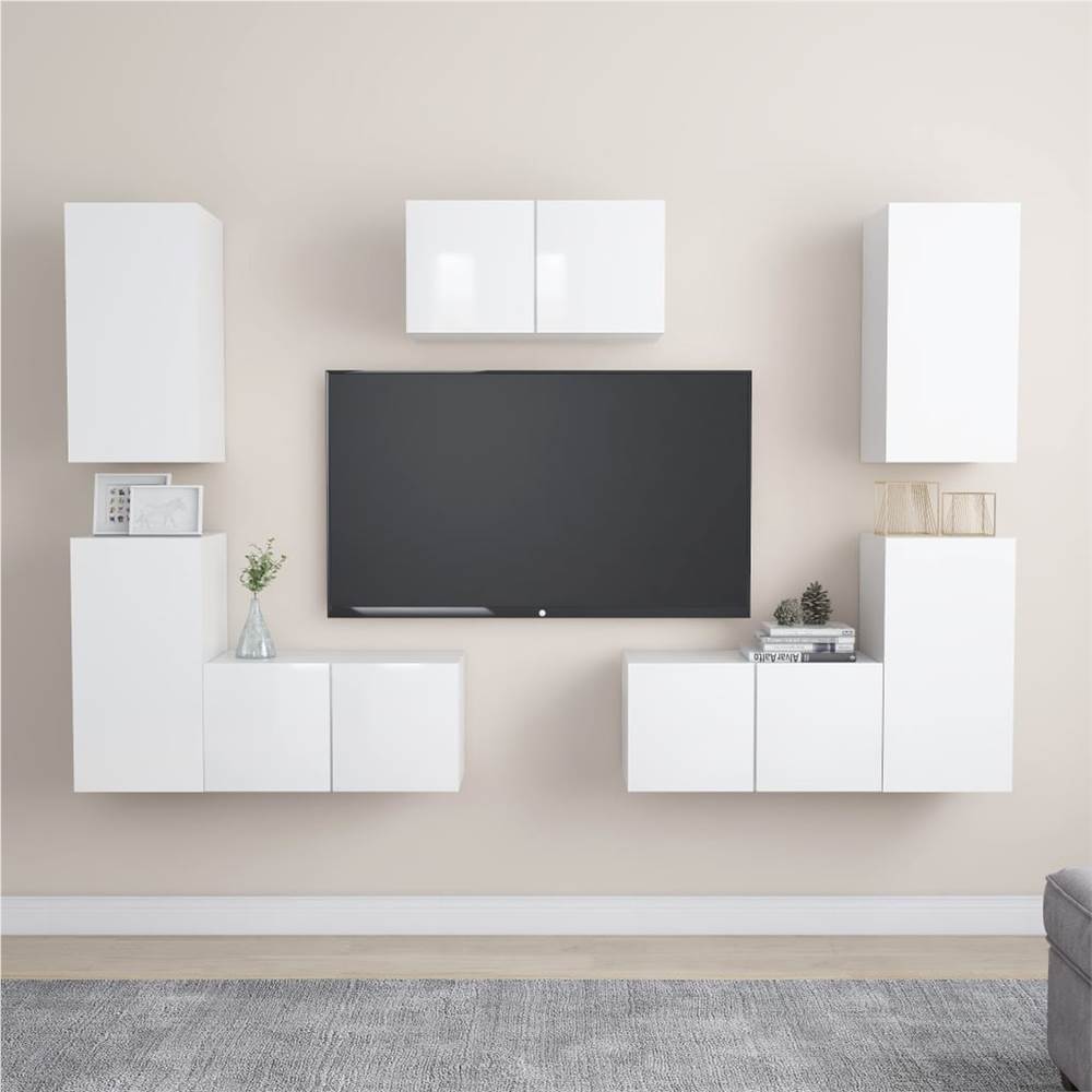 

7 Piece TV Cabinet Set High Gloss White Chipboard