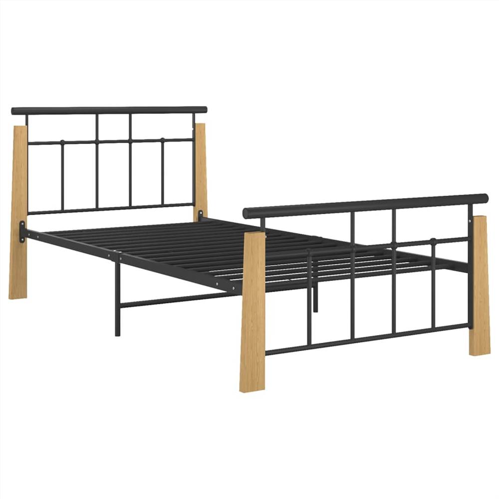 Bed Frame Metal and Solid Oak Wood 90x200 cm