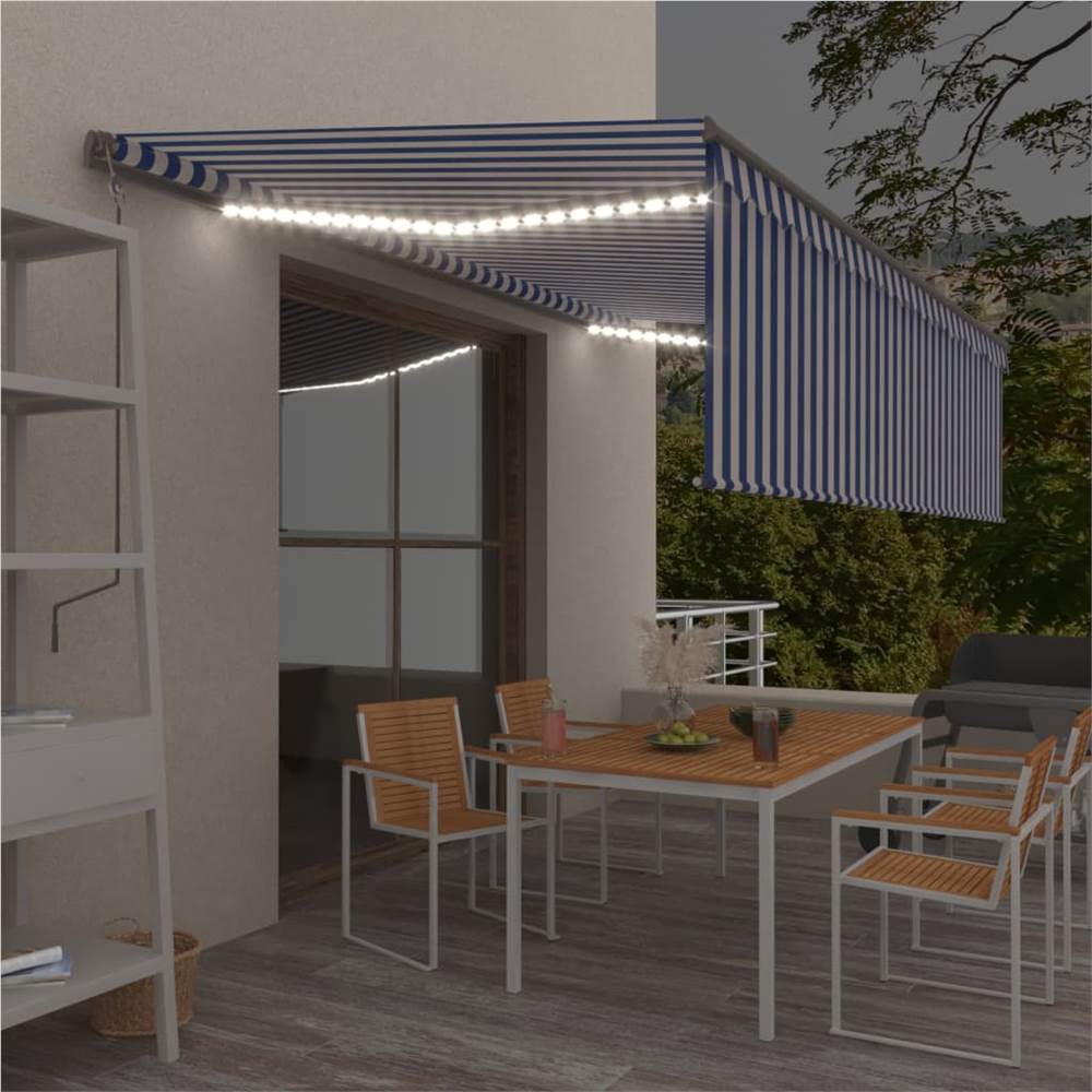 Manual Retractable Awning with Blind&LED 5x3m Blue&White