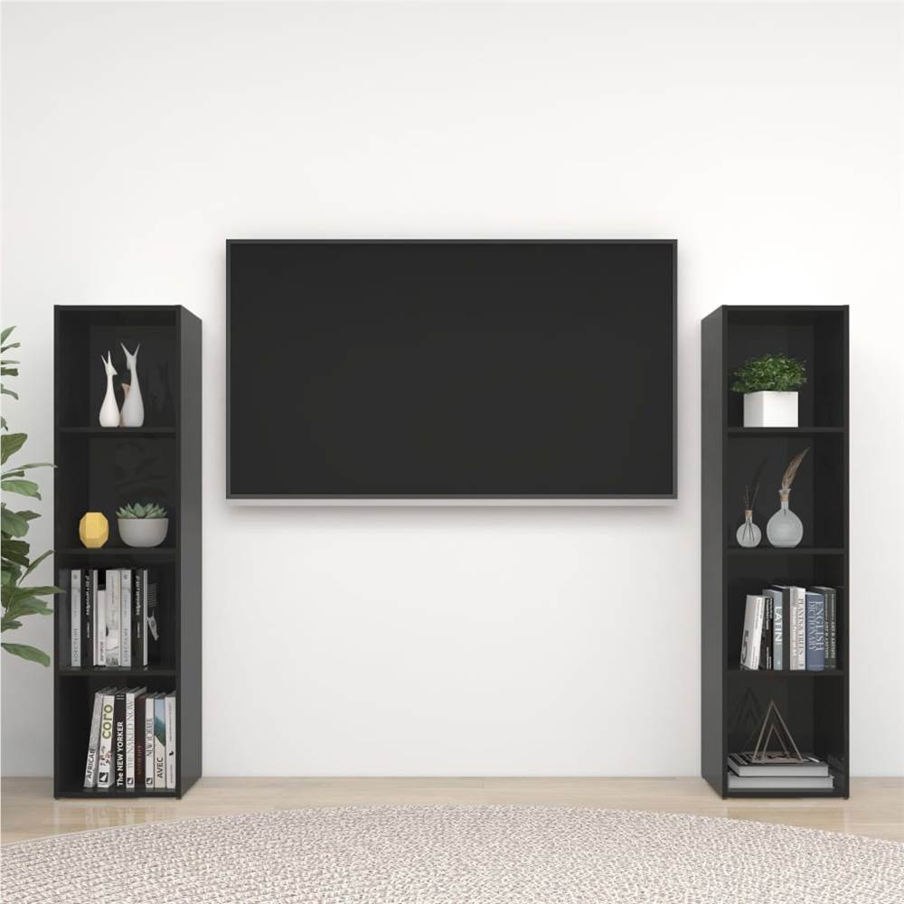 TV Dolapları 2 Adet Parlak Siyah 142.5x35x36.5 cm Sunta