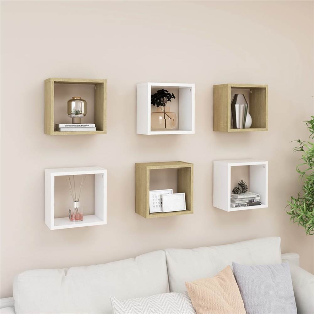 

Wall Cube Shelves 6 pcs White and Sonoma Oak 26x15x26 cm