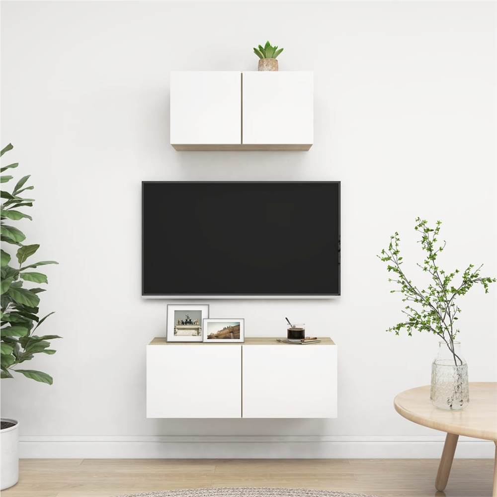 

2 Piece TV Cabinet Set White and Sonoma Oak Chipboard