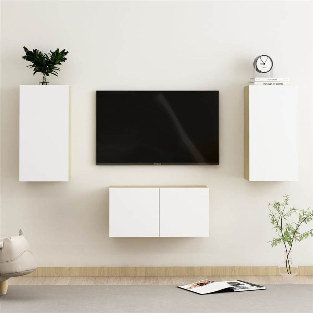 

3 Piece TV Cabinet Set White and Sonoma Oak Chipboard