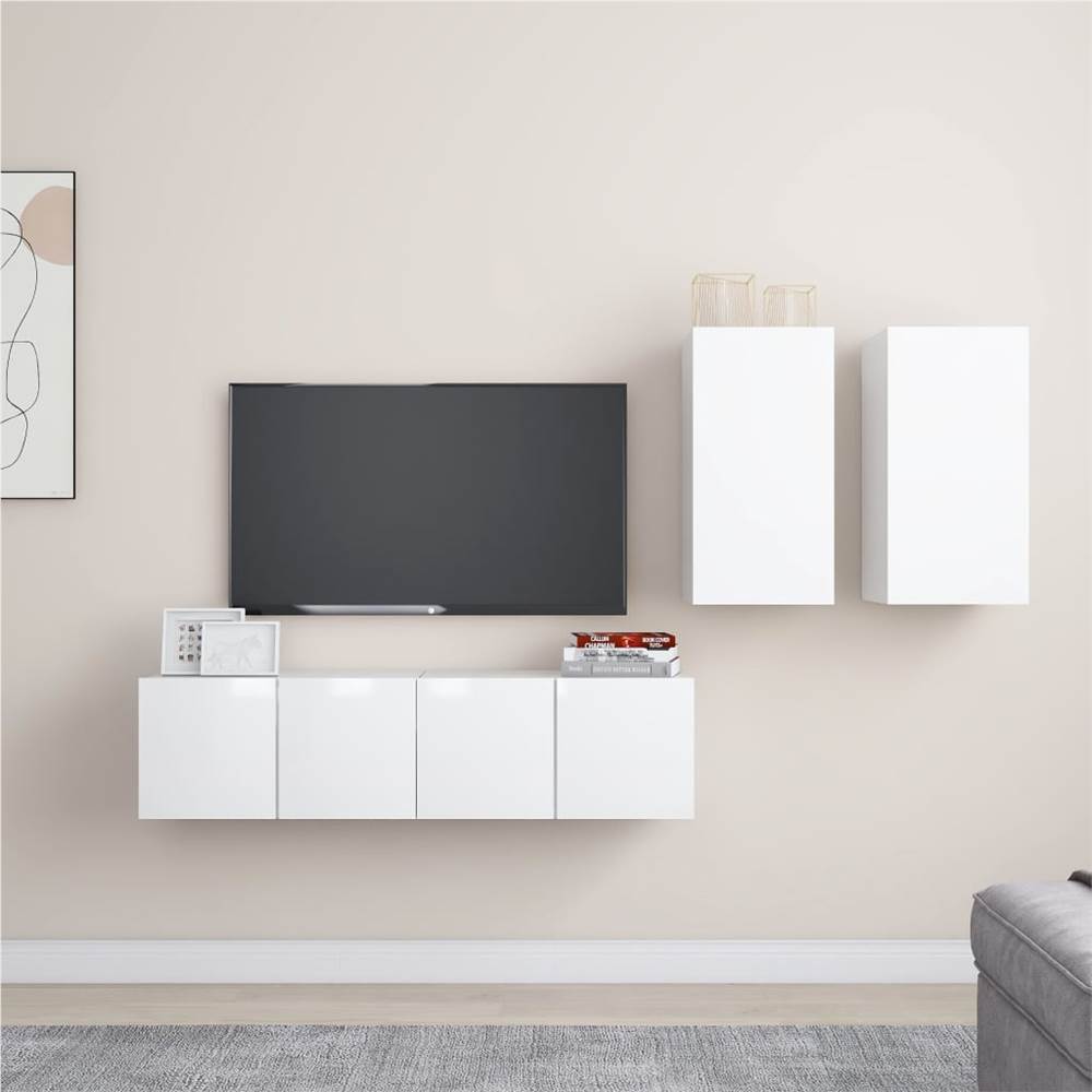 

4 Piece TV Cabinet Set High Gloss White Chipboard