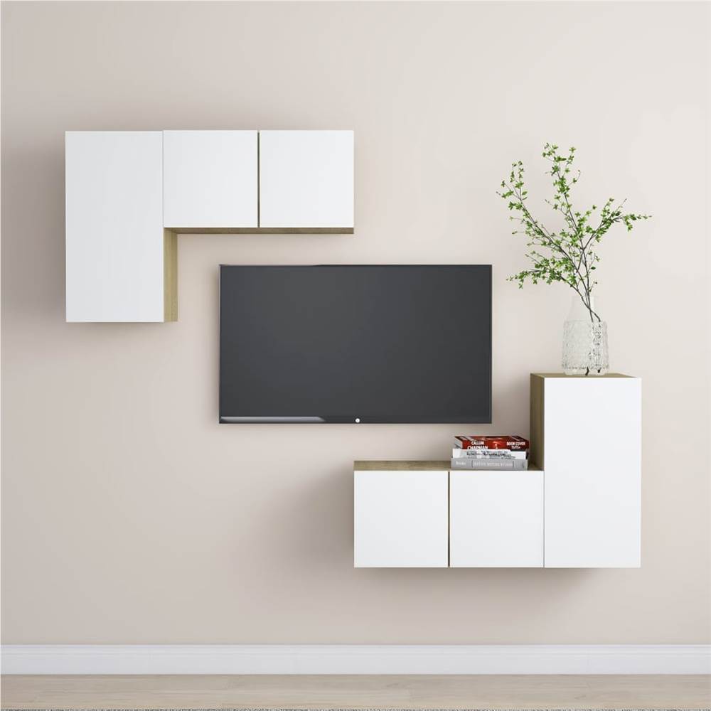 

4 Piece TV Cabinet Set White and Sonoma Oak Chipboard