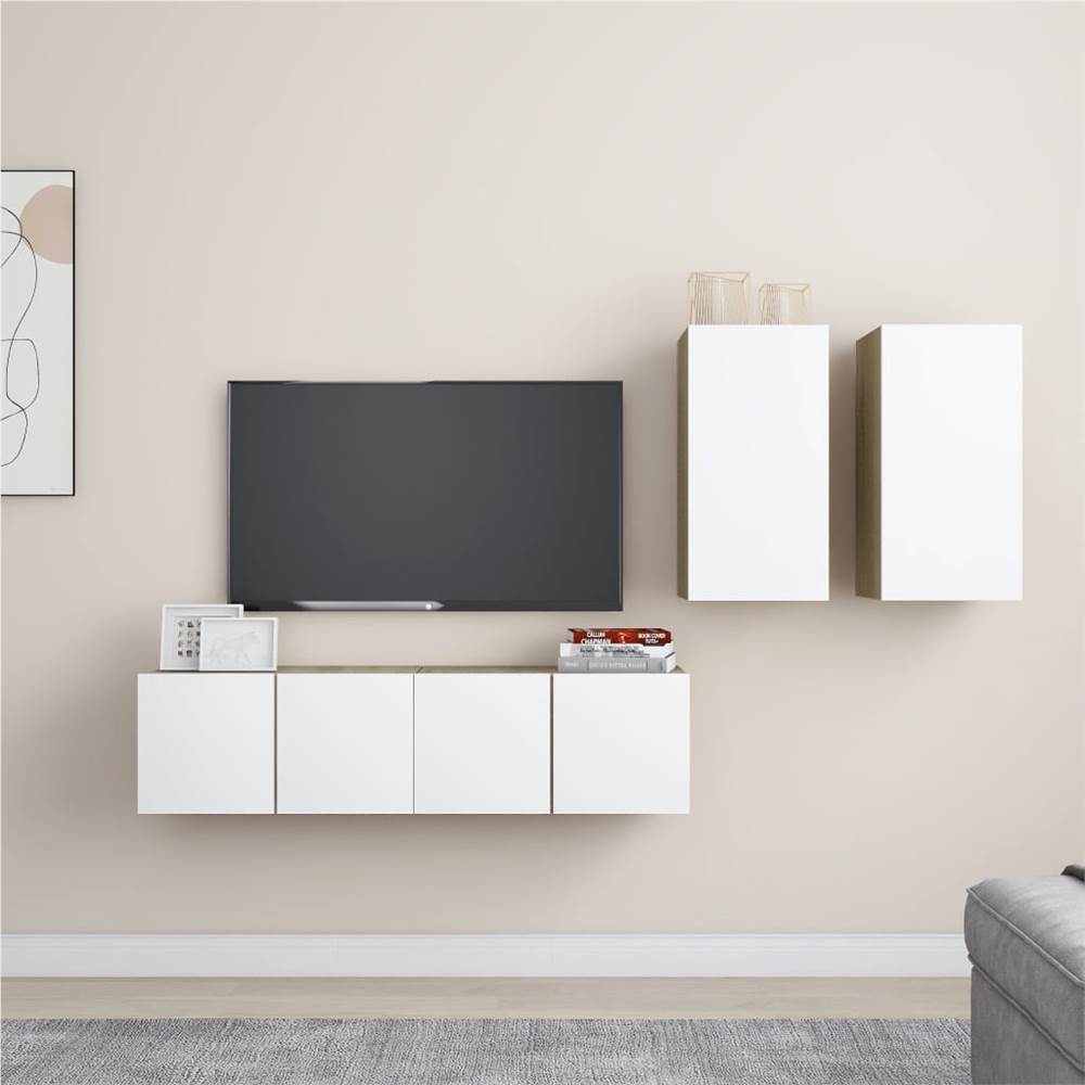 

4 Piece TV Cabinet Set White and Sonoma Oak Chipboard