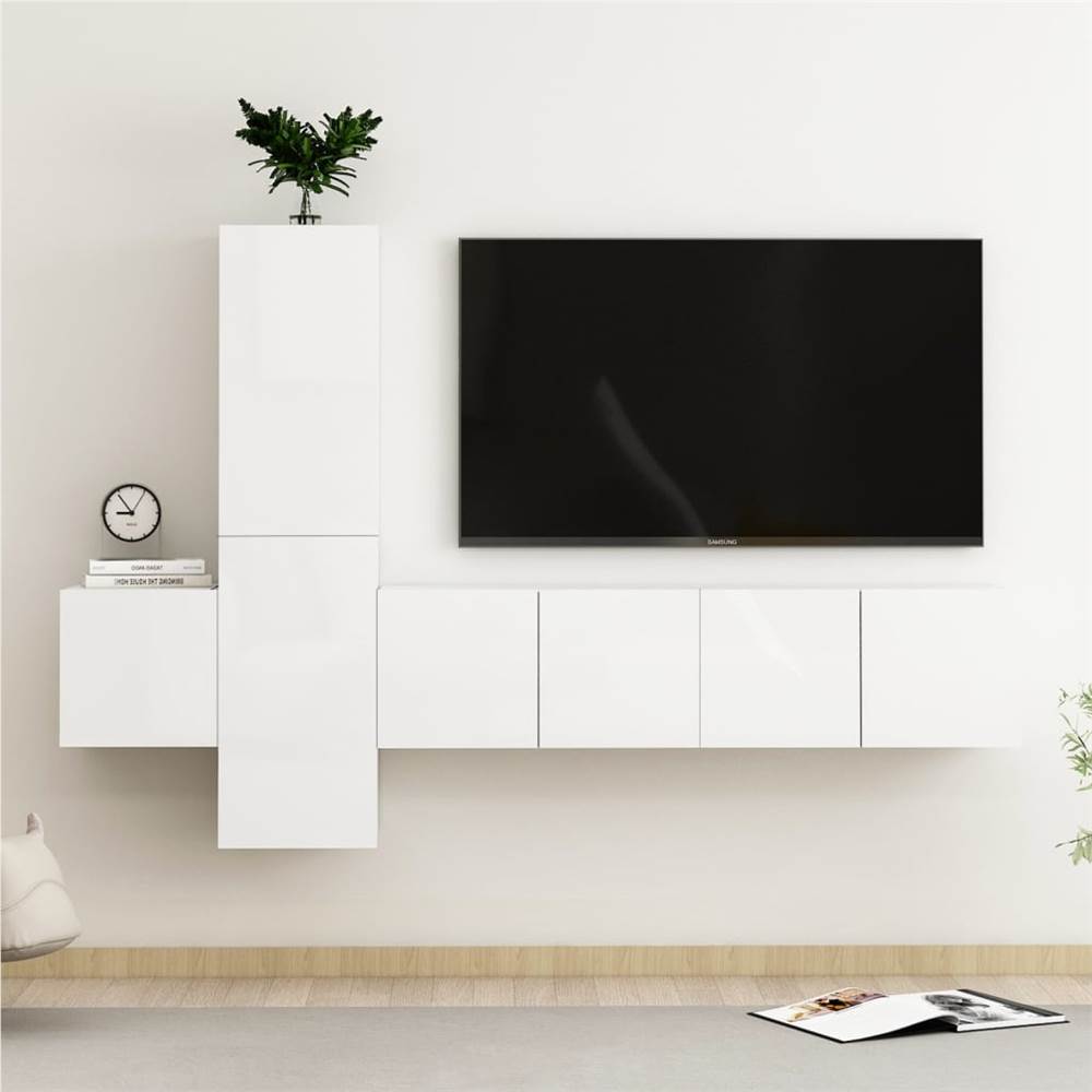 

5 Piece TV Cabinet Set High Gloss White Chipboard