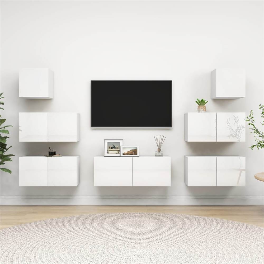 

7 Piece TV Cabinet Set High Gloss White Chipboard