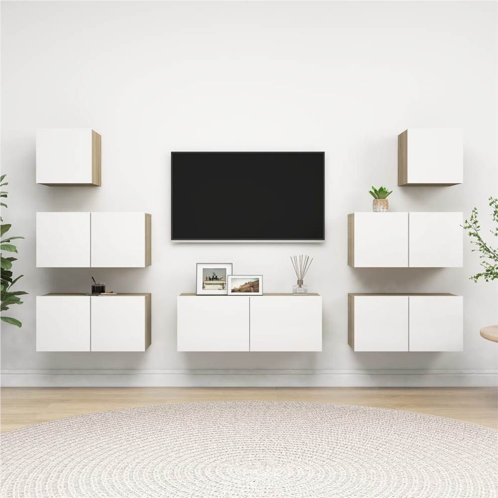 

7 Piece TV Cabinet Set White and Sonoma Oak Chipboard