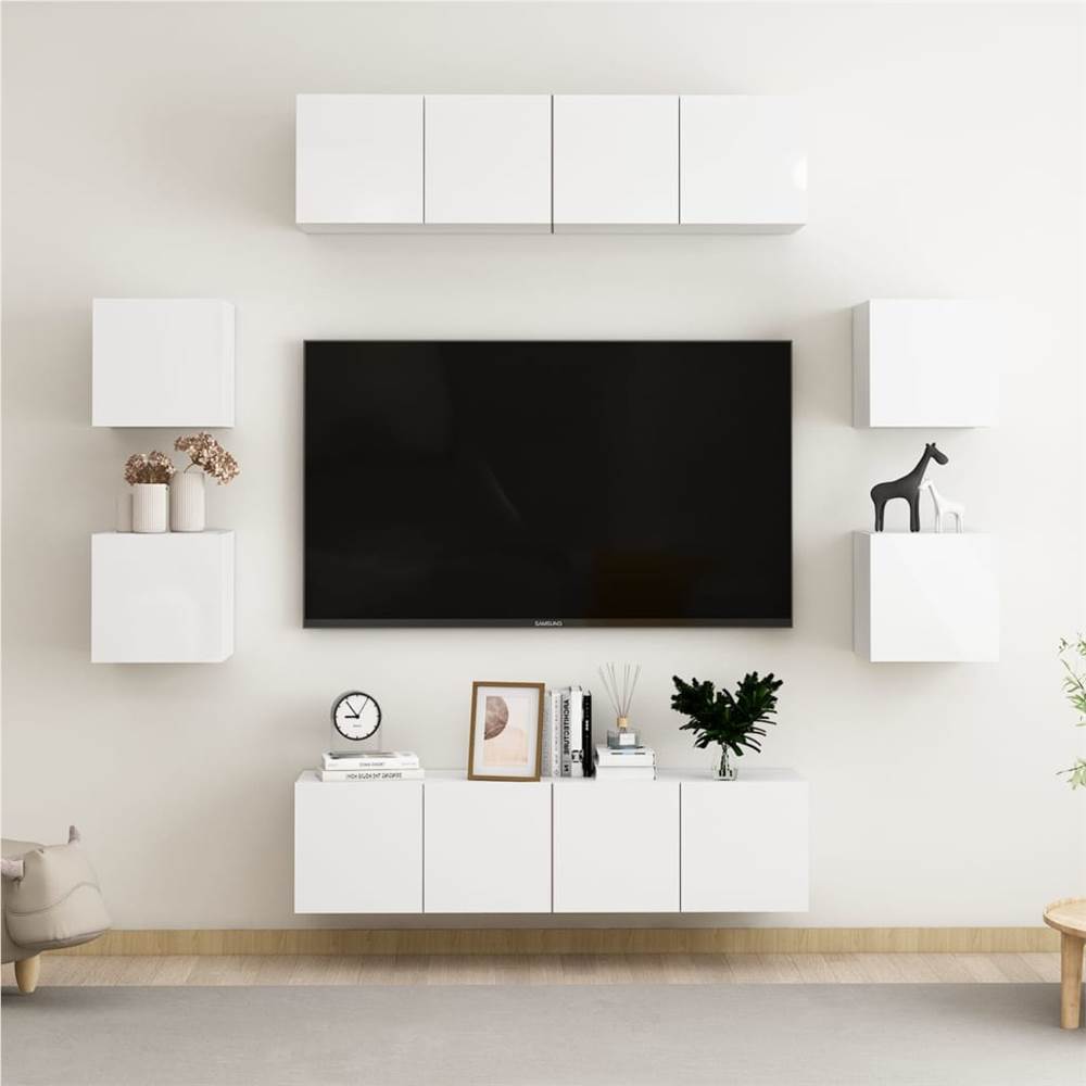 

8 Piece TV Cabinet Set High Gloss White Chipboard