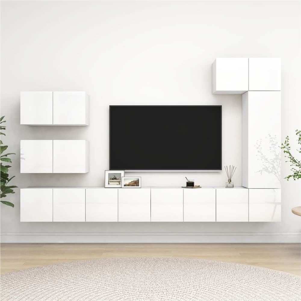8 Piece TV Cabinet Set High Gloss White Chipboard