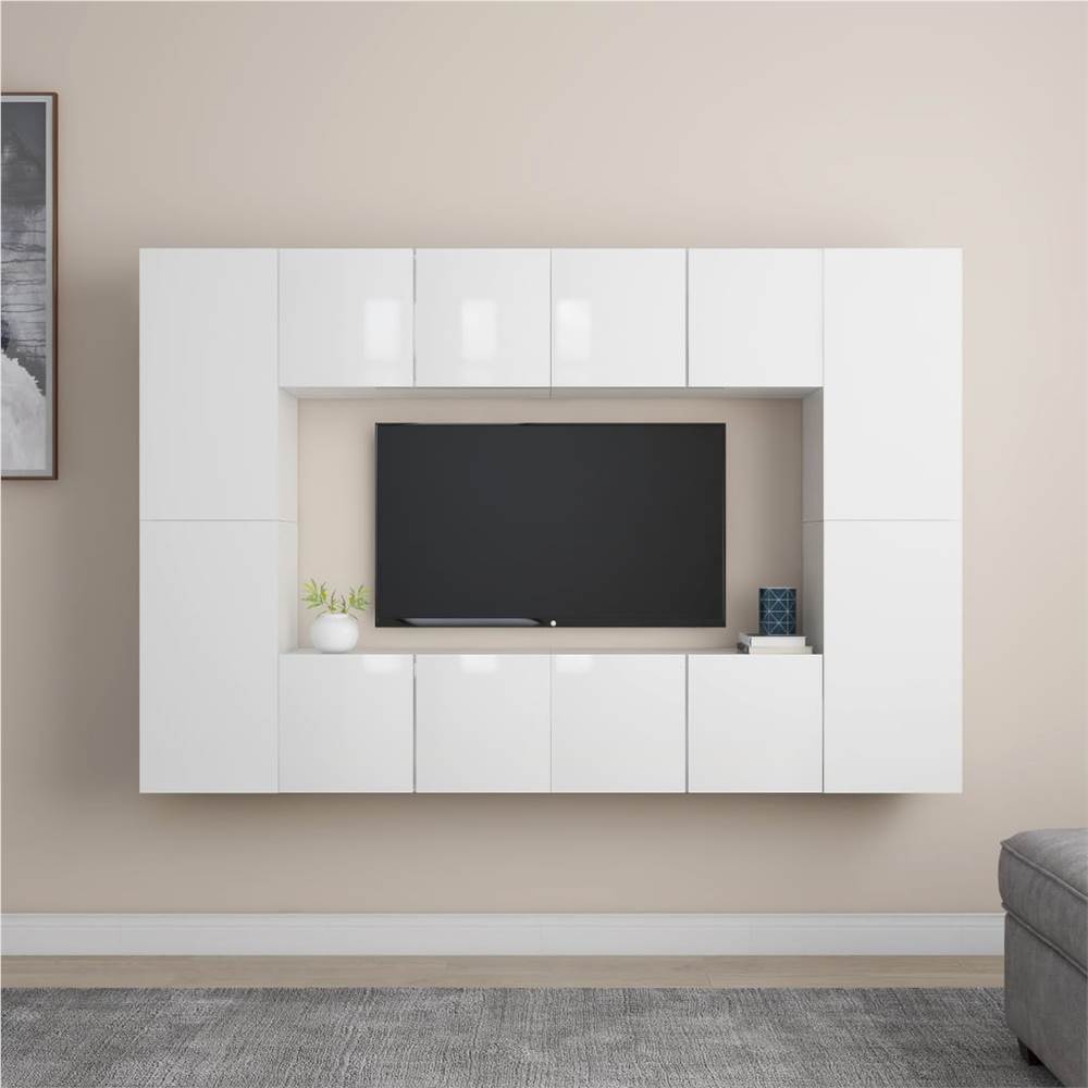 

8 Piece TV Cabinet Set High Gloss White Chipboard