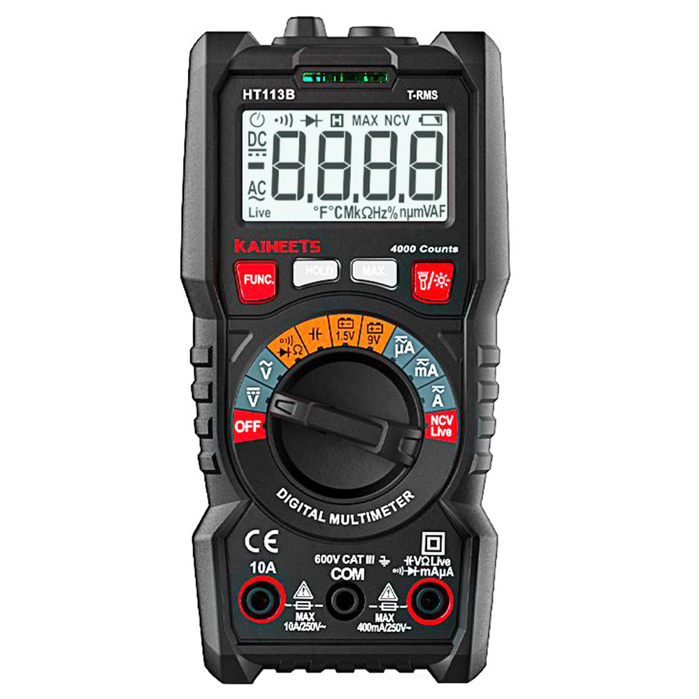 

KAIWEETS HT113B Digital Multimeter, 4000 Counts, Voltage Meter, Current Meter, Non-contact voltage tester, Capacitance meter, Continuity tester, Diode tests, Battery tests, Auto-ranging, TRMS, Data Hold, Auto power-off