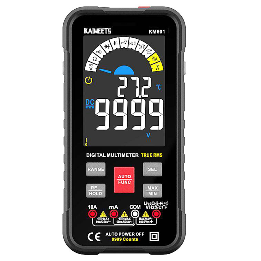 Multímetro digital KAIWEETS KM601 10000 contagens Medidor True-RMS Modo inteligente Modo manual LED Lightning Jacks Bloqueio automático