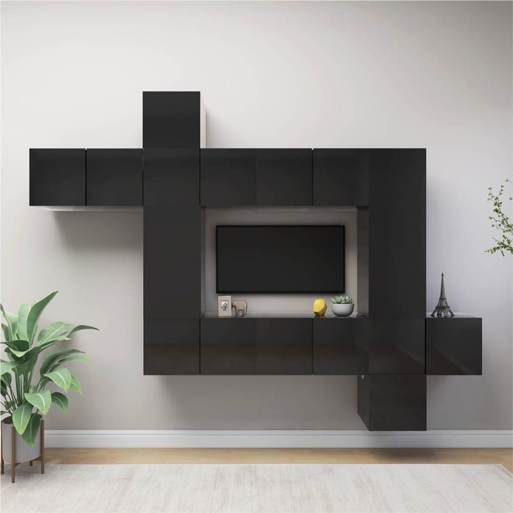 

10 Piece TV Cabinet Set High Gloss Black Chipboard