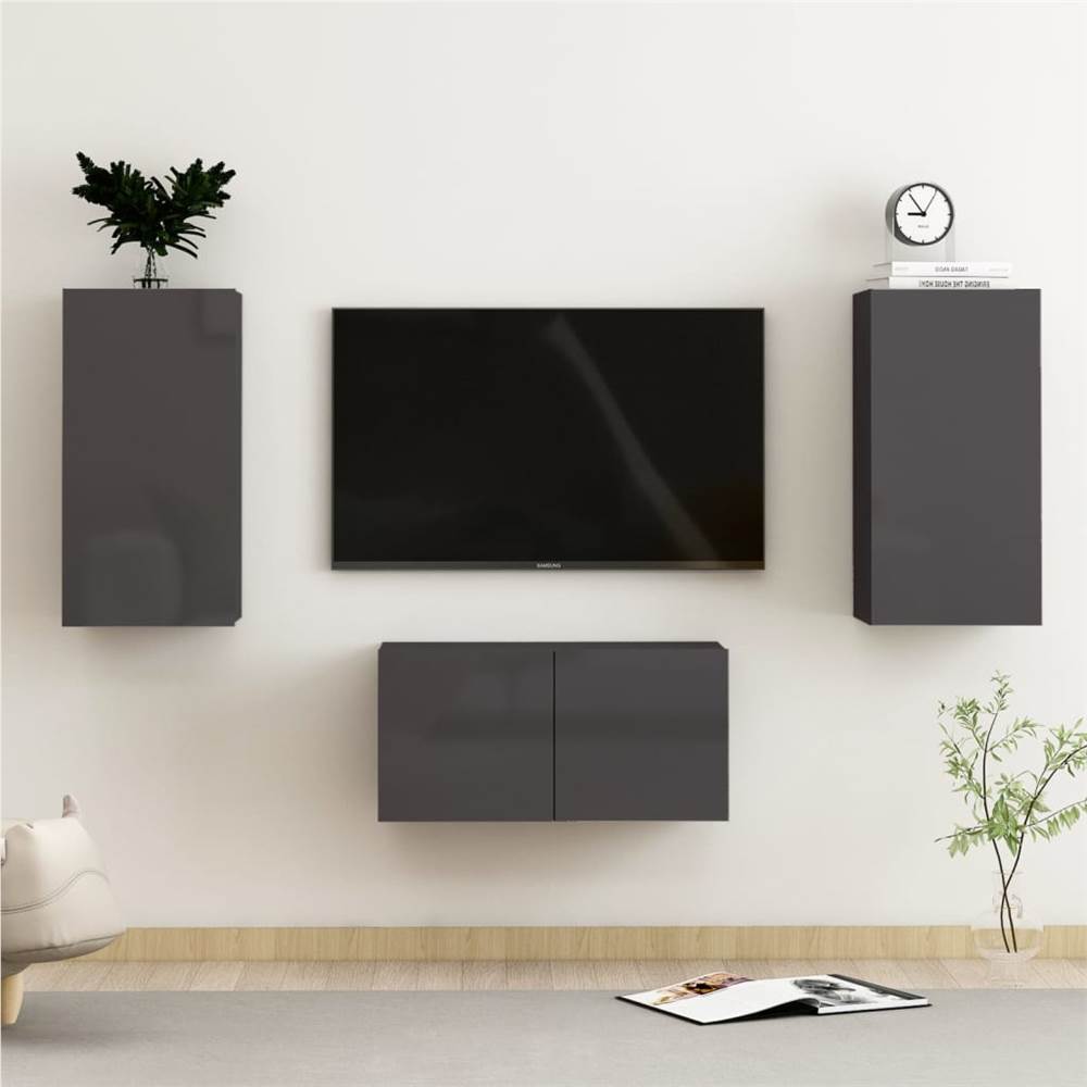 

3 Piece TV Cabinet Set High Gloss Grey Chipboard