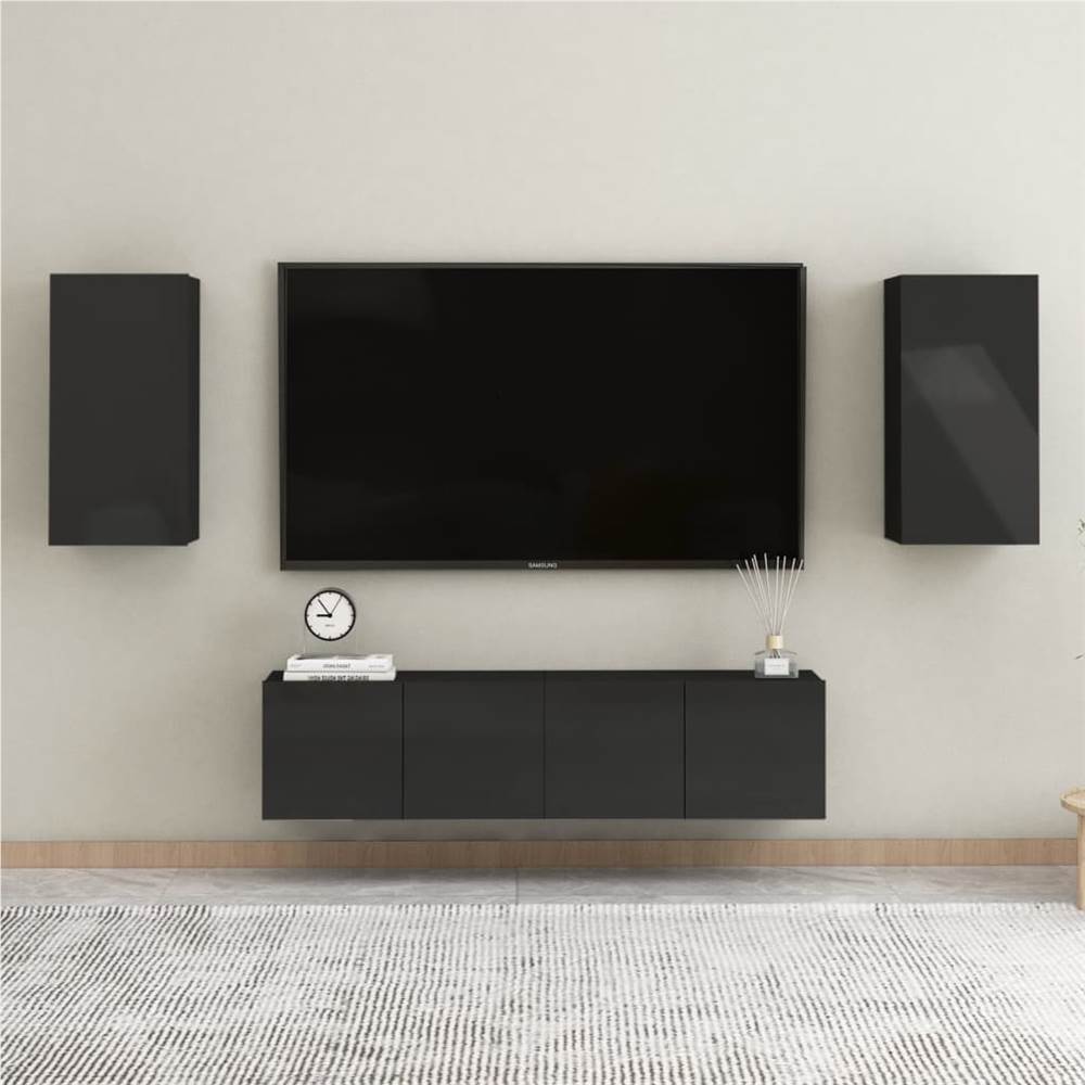 

4 Piece TV Cabinet Set High Gloss Black Chipboard