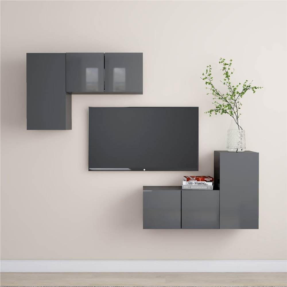 

4 Piece TV Cabinet Set High Gloss Grey Chipboard