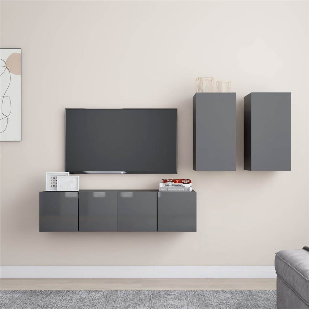

4 Piece TV Cabinet Set High Gloss Grey Chipboard
