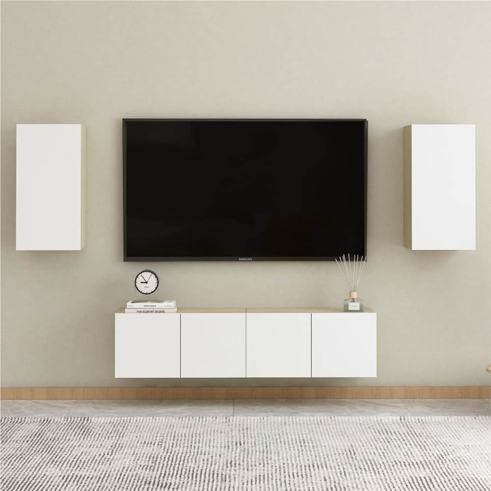 

4 Piece TV Cabinet Set White and Sonoma Oak Chipboard