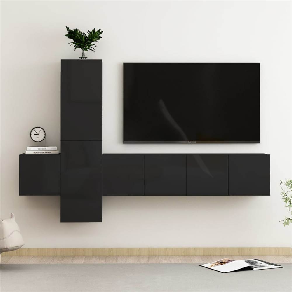 

5 Piece TV Cabinet Set High Gloss Black Chipboard