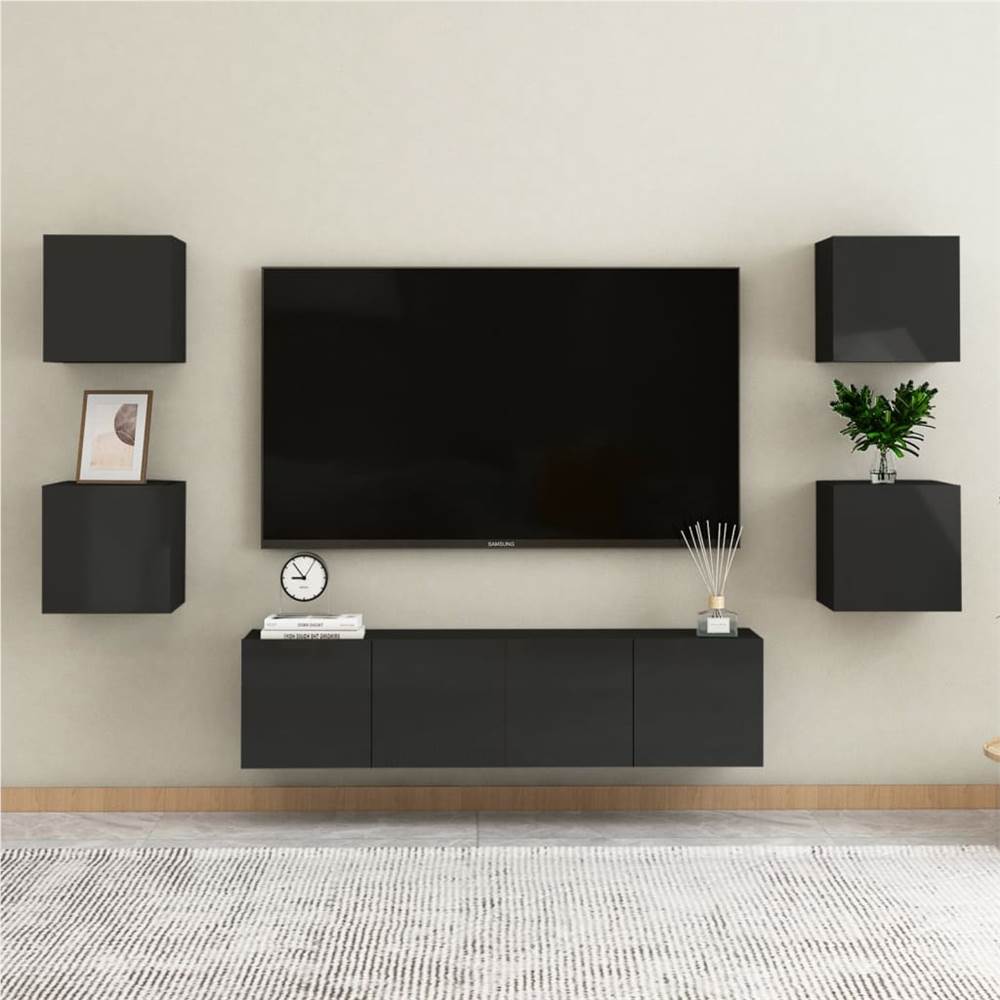 

6 Piece TV Cabinet Set High Gloss Black Chipboard