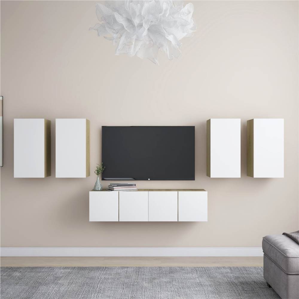 

6 Piece TV Cabinet Set White and Sonoma Oak Chipboard