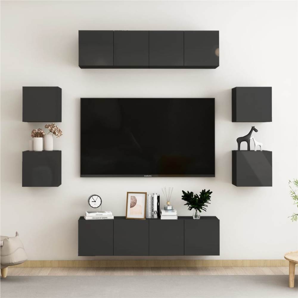 

8 Piece TV Cabinet Set High Gloss Black Chipboard