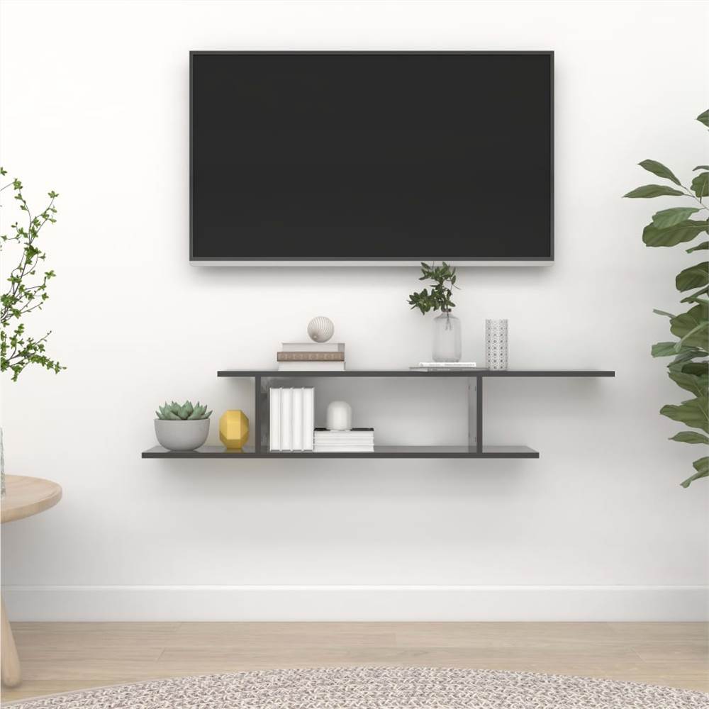 Wall-Mounted TV Shelf High Gloss Grey 125x18x23 cm Chipboard