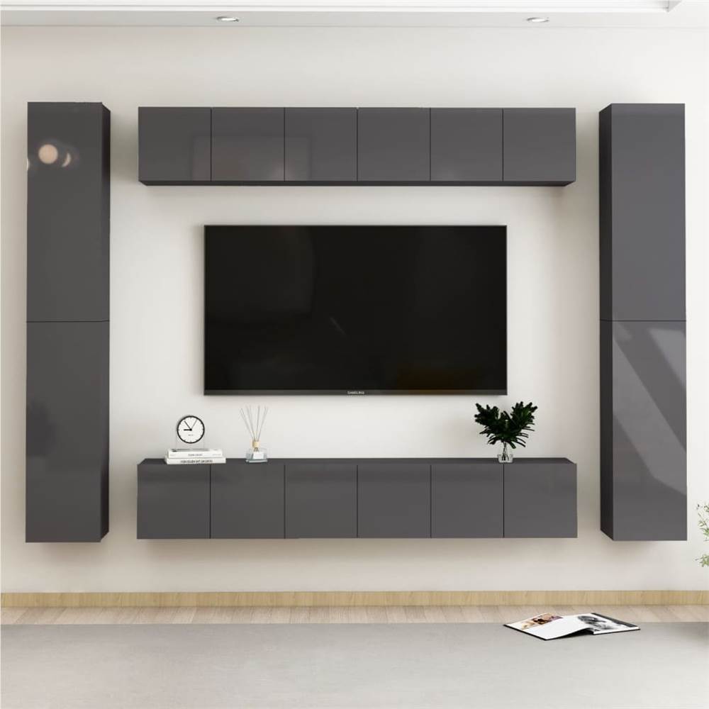 

10 Piece TV Cabinet Set High Gloss Grey Chipboard