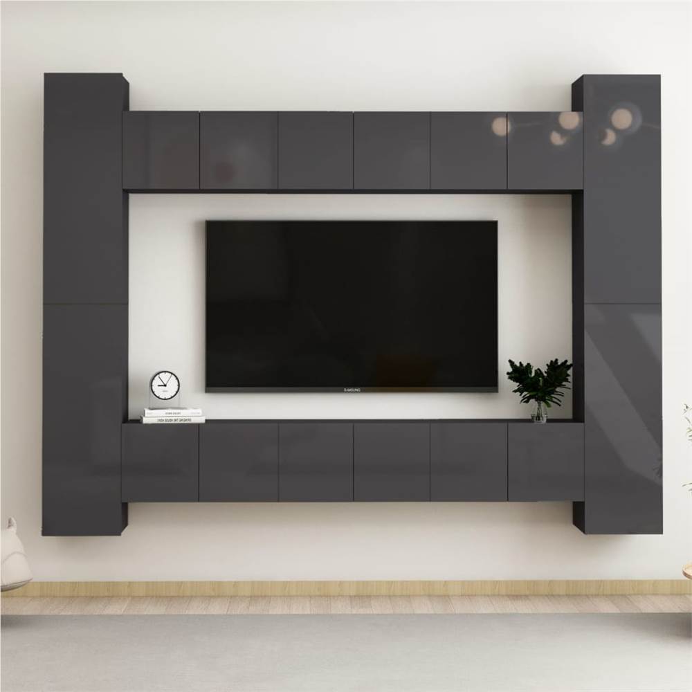 

10 Piece TV Cabinet Set High Gloss Grey Chipboard