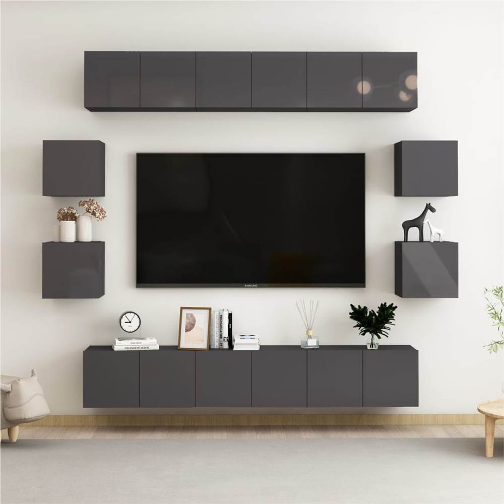 10 Piece TV Cabinet Set High Gloss Grey Chipboard