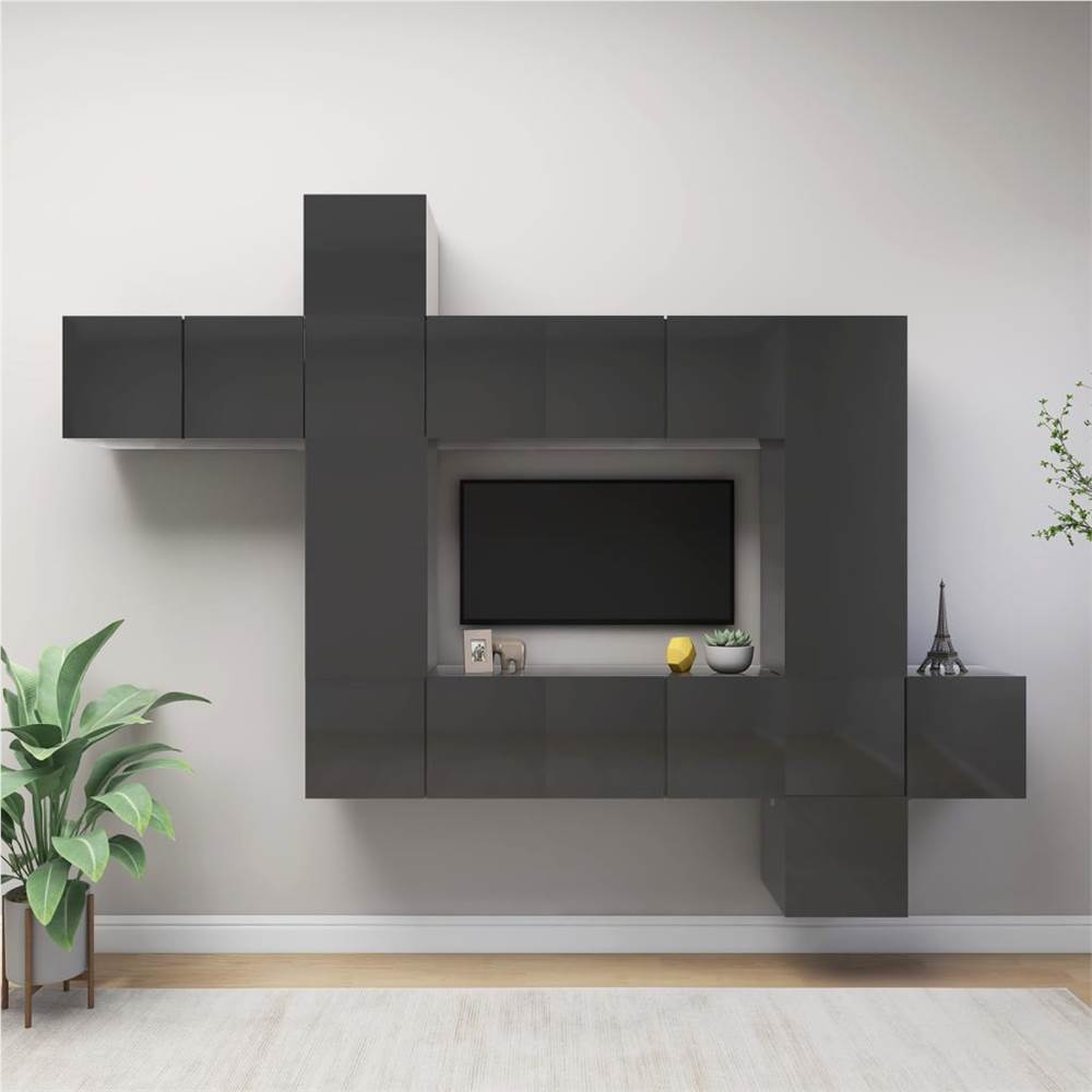 

10 Piece TV Cabinet Set High Gloss Grey Chipboard