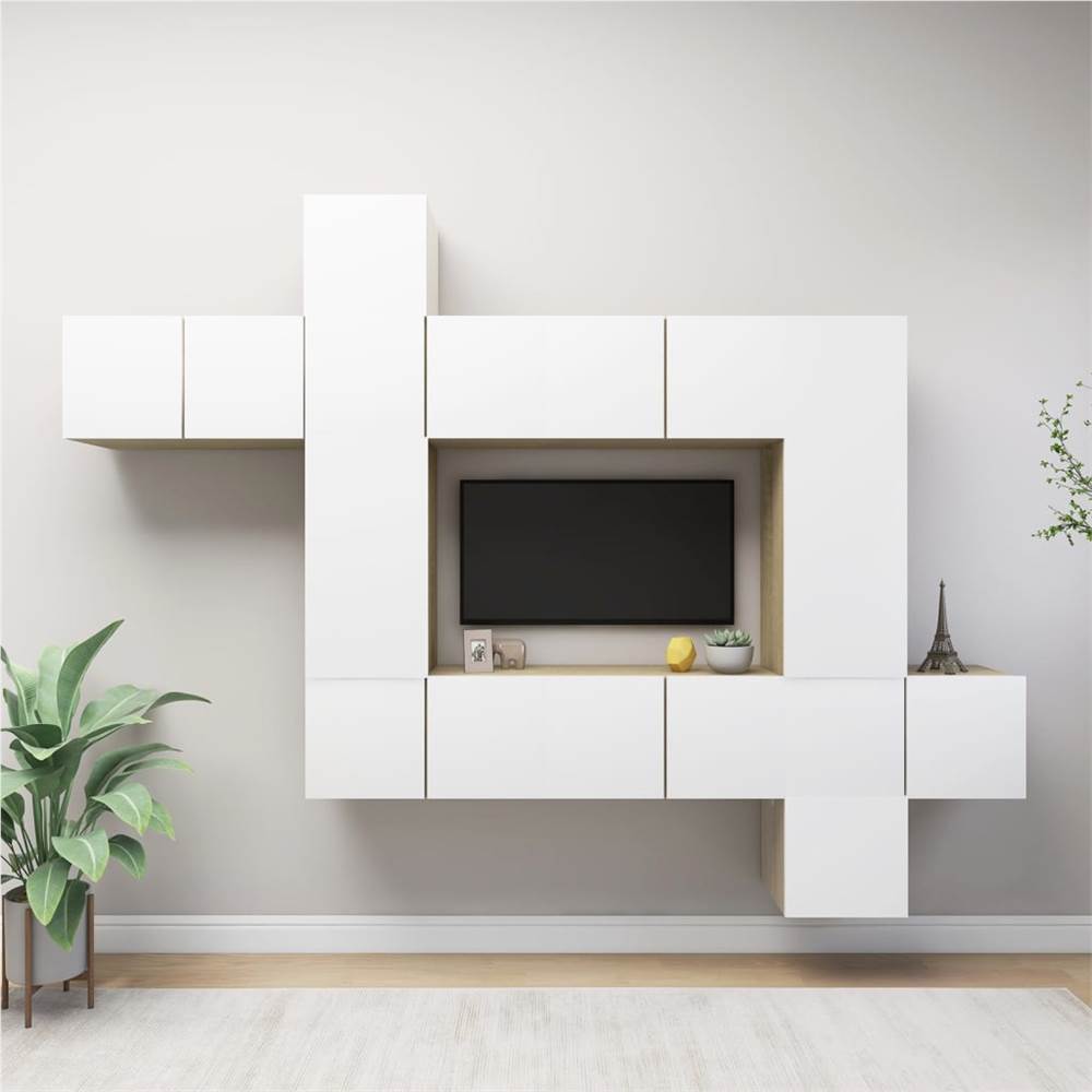 

10 Piece TV Cabinet Set White and Sonoma Oak Chipboard