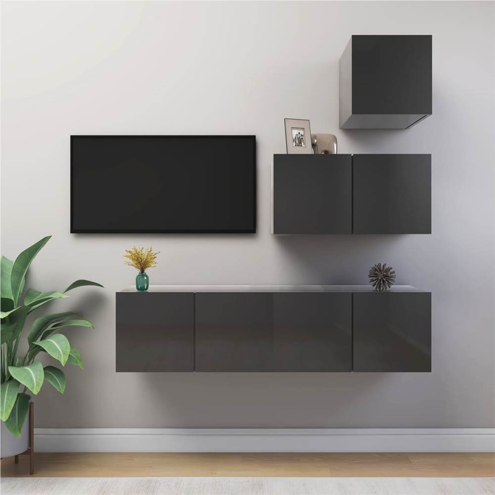 

4 Piece TV Cabinet Set High Gloss Grey Chipboard